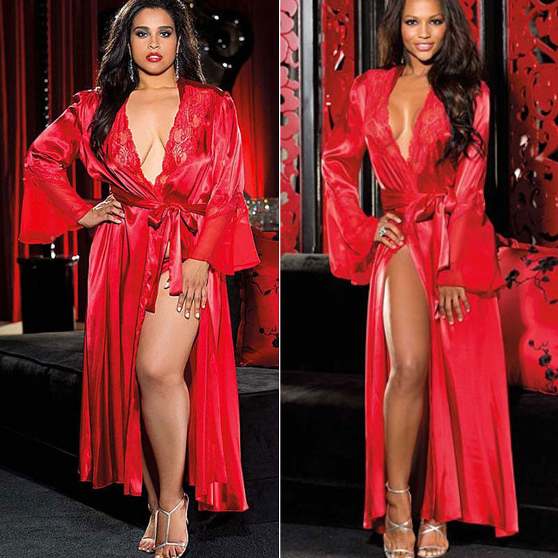 Womens Lace See Through Lingerie Mesh Robe Set