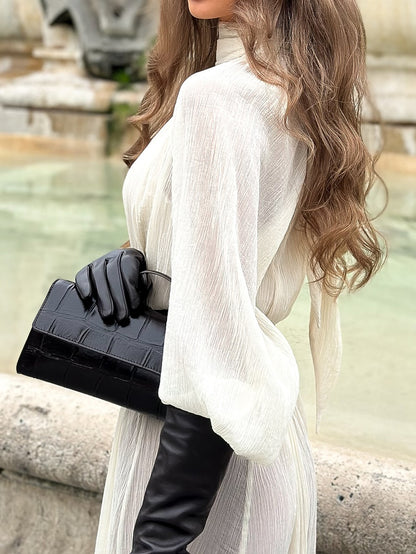 Witte maxi-jurk met lange mouwen volant en hoge strikhals