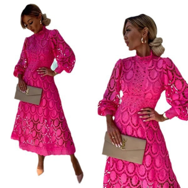 French Style Lace Collar Puff Sleeve Long Dress