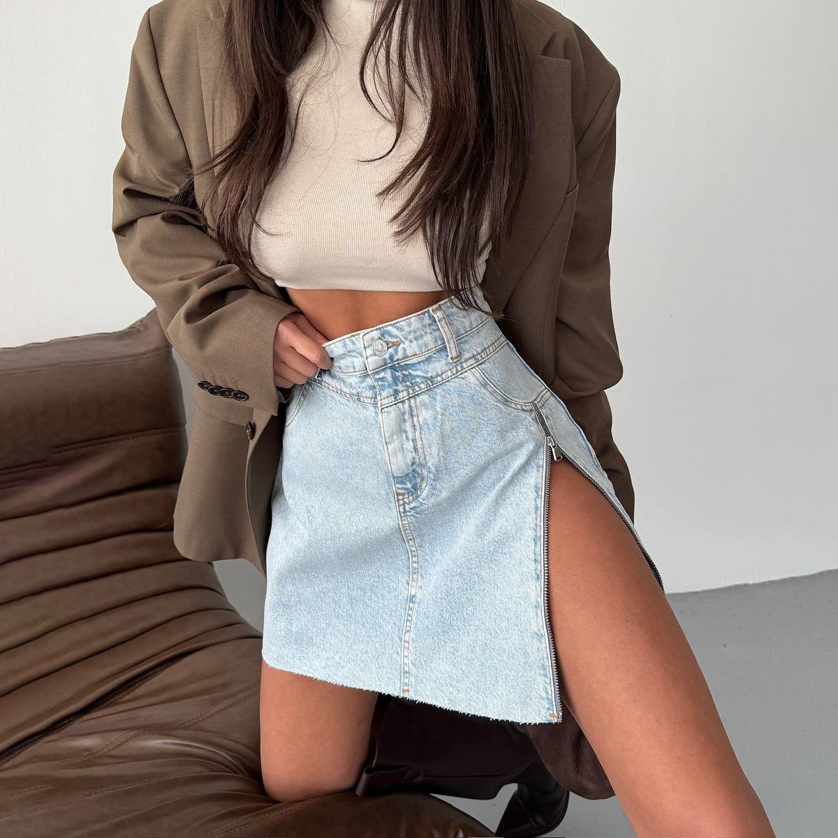 Design rits split denim rok dames