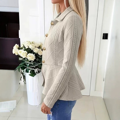 Women's Diamond Pattern Knit Cardigan with Ruffle Hem and Gold Buttons