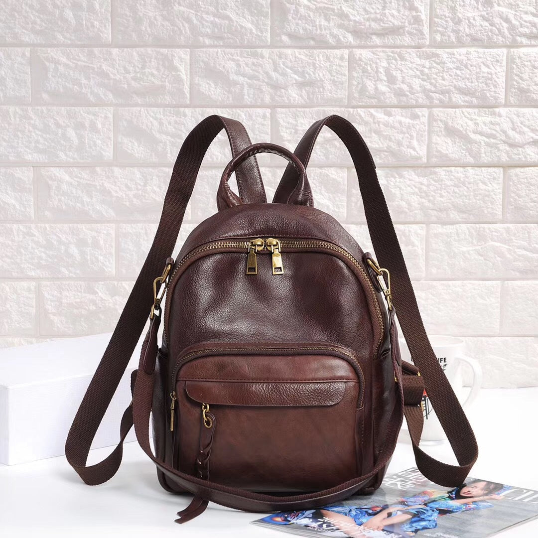 Genuine Leather Backpack Women First Layer Cowhide Retro Solid Color Student Schoolbag