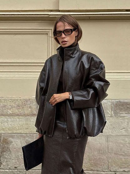 Elegant Leather Jacket and Skirt Set
