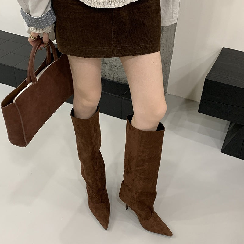 Fashion Pointed Toe High Boots Simple and Elegant Solid Color High Heel Over-the-Knee Long Boots