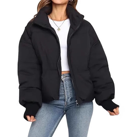 Womens Short Puffer Cotton Jacket Loose Fit Solid Color