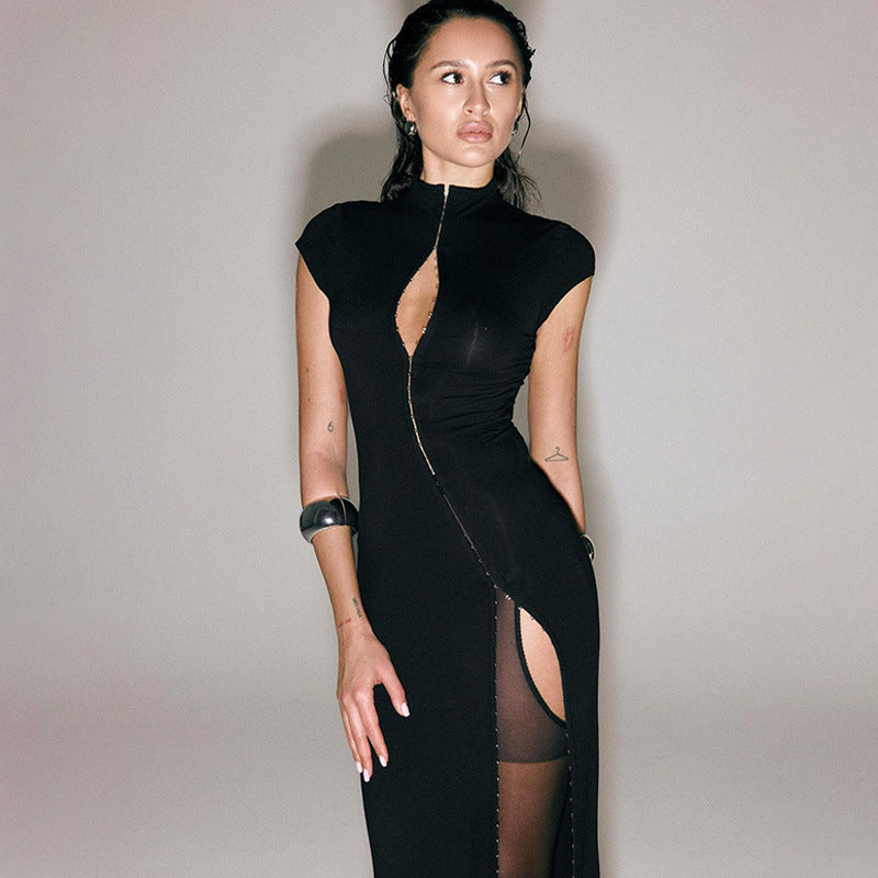 Elegant Black Hollow Detail Floor Length Dress