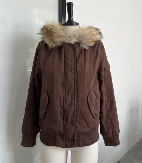 Womens Hooded Short Jacket with Detachable Fur Collar