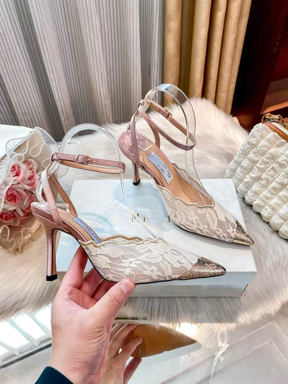 Lace Peep-Toe High Heel Sandals