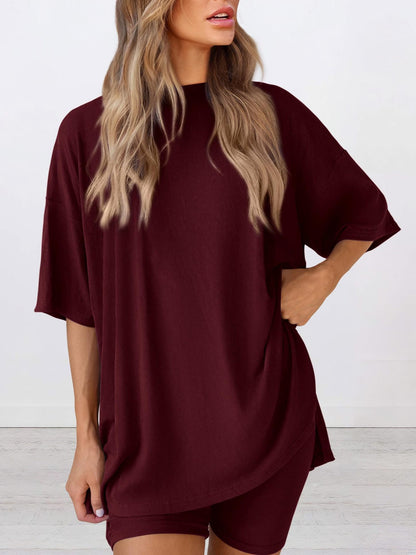 Loose Fit Casual Round Neck Short Sleeve Shorts TwoPiece Set