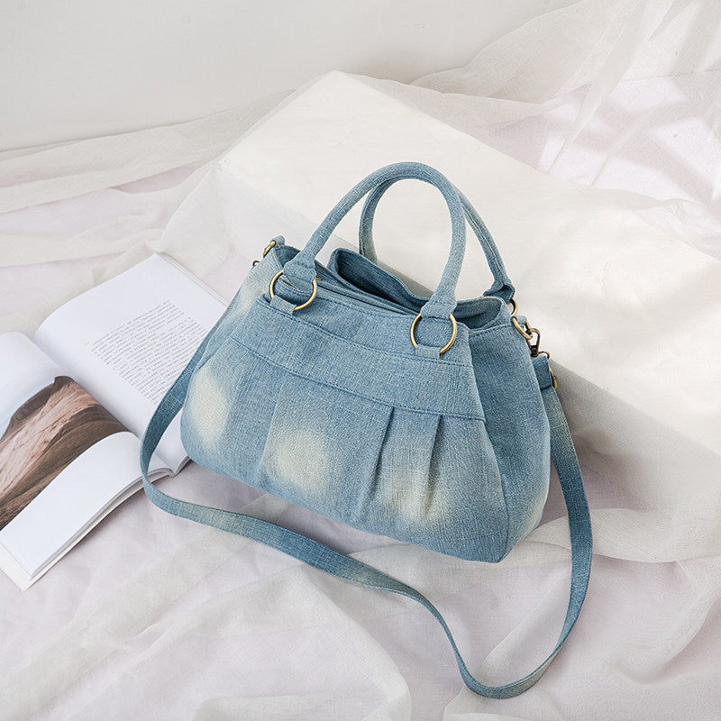 Vintage Denim Three-Pocket Crossbody Shoulder Bag