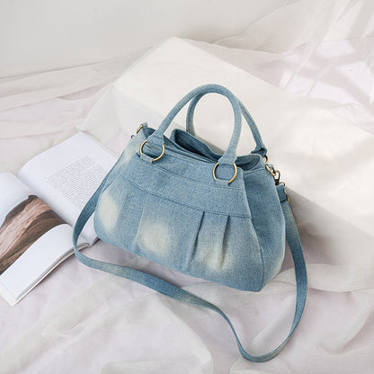 Vintage Denim Three-Pocket Crossbody Shoulder Bag