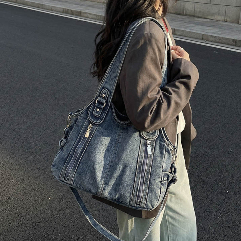 Retro denim large capacity zipper tote bag