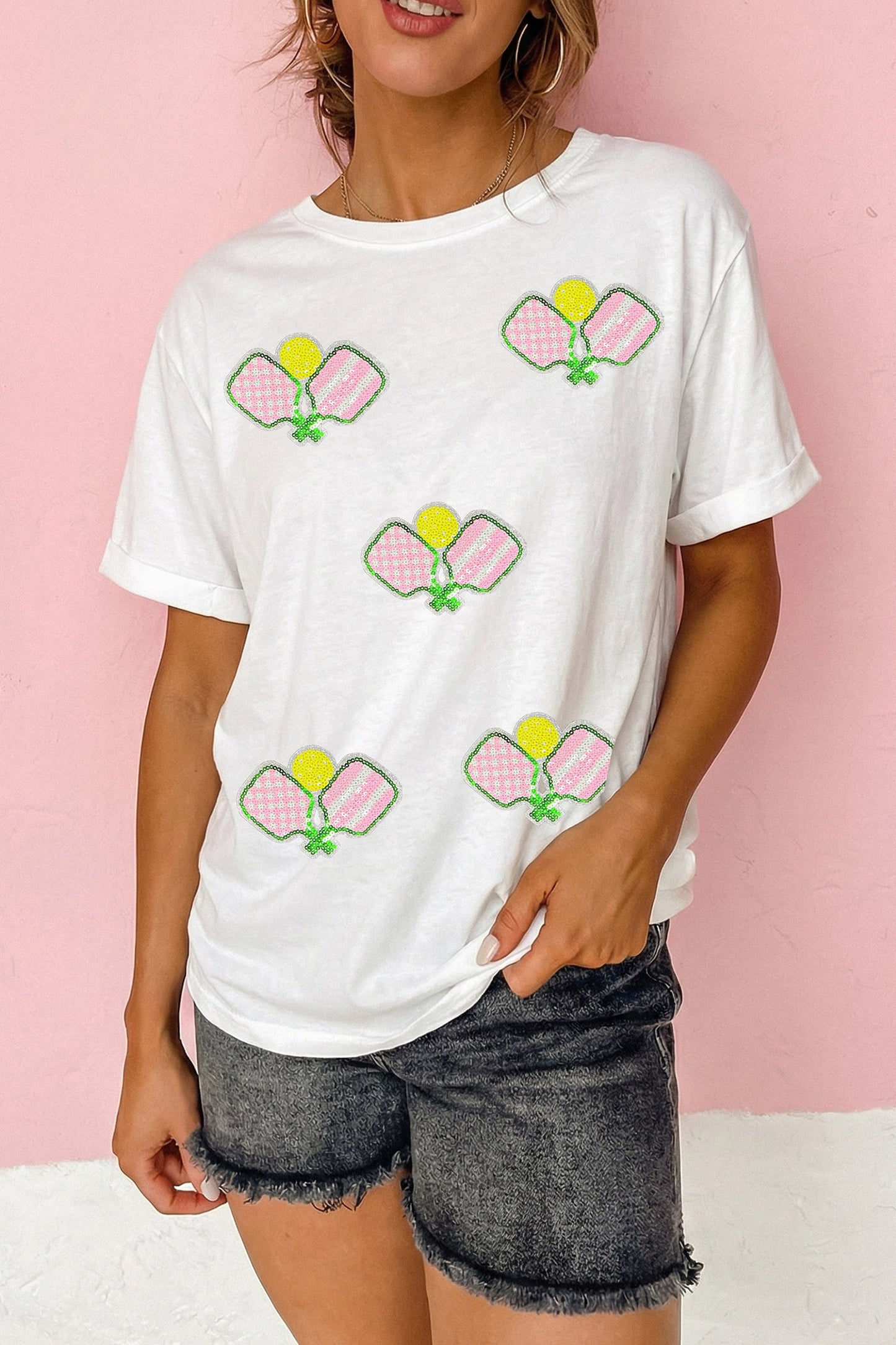 Witte pickleball-T-shirt met paillettenprint
