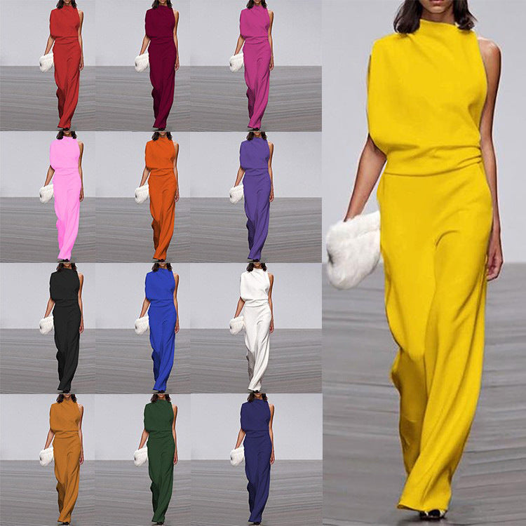 Womens Solid Color One Shoulder Ruched Collar Jumpsuit