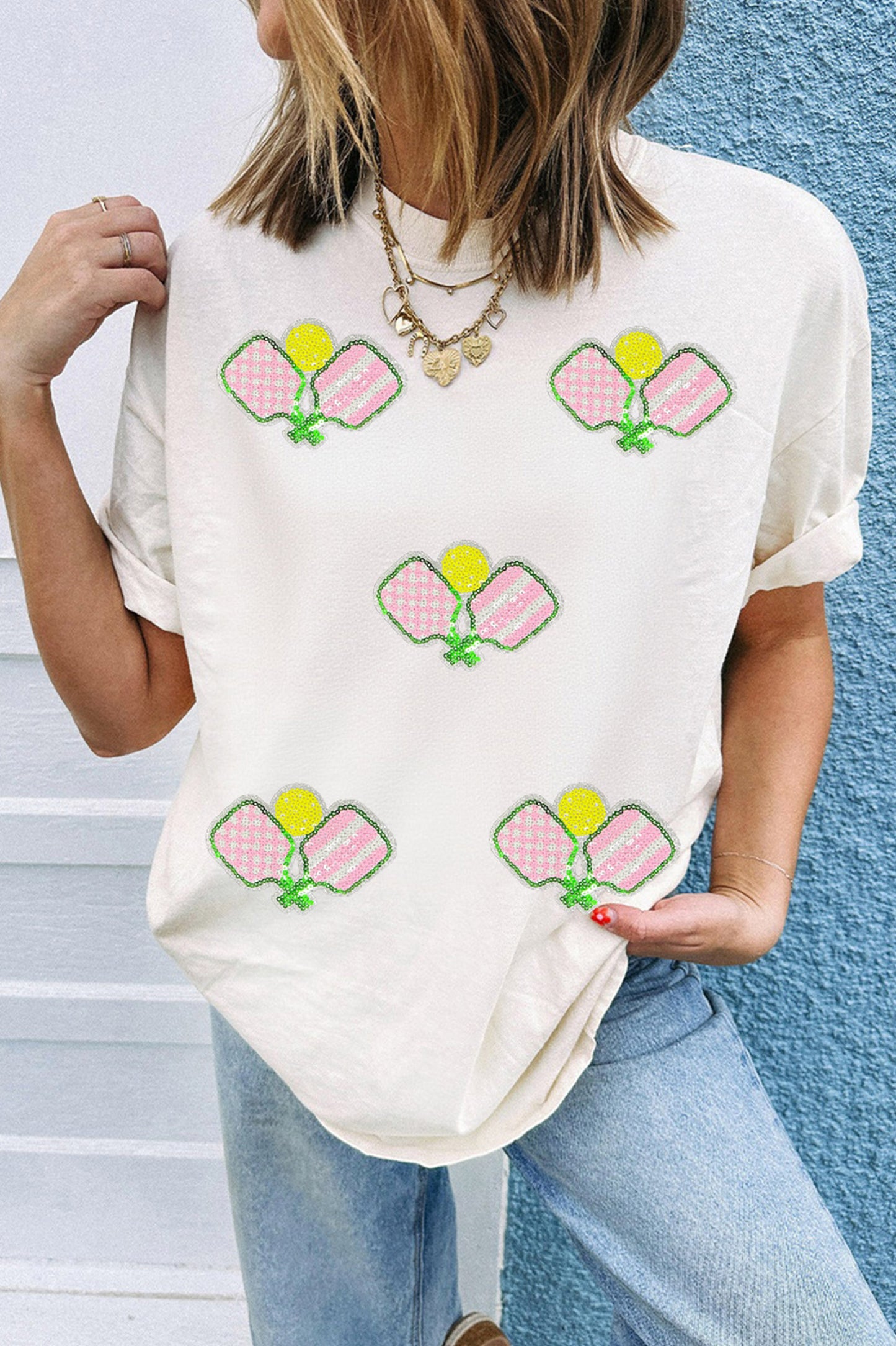 Witte pickleball-T-shirt met paillettenprint