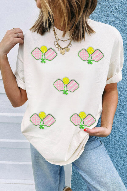 Witte pickleball-T-shirt met paillettenprint