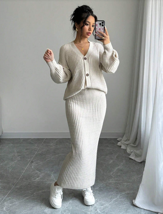 Womens V Neck Slim Knitted Striped Casual Suit