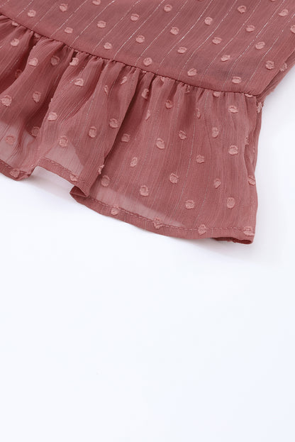 Vurig rode blouse met Zwitserse stippen vetersluiting V-hals en ruches