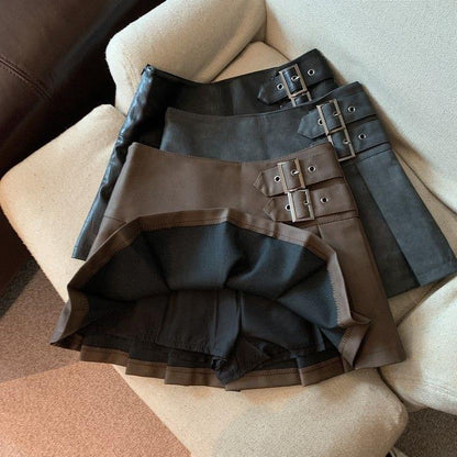 Womens High Waist Pleated PU Skirt