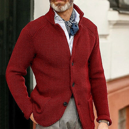 Mens Thick Knit Cardigan Sweater with Buttoned Lapel