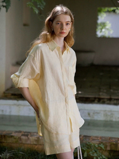 Womens Linen Casual Oversized Shirt Shorts Set