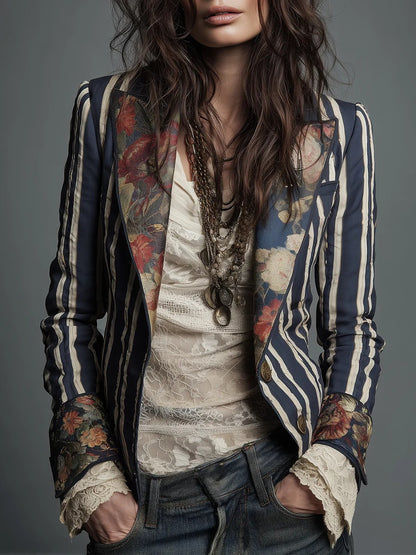 Bohemian Color-Block Striped Slim Fit Blazer for Women