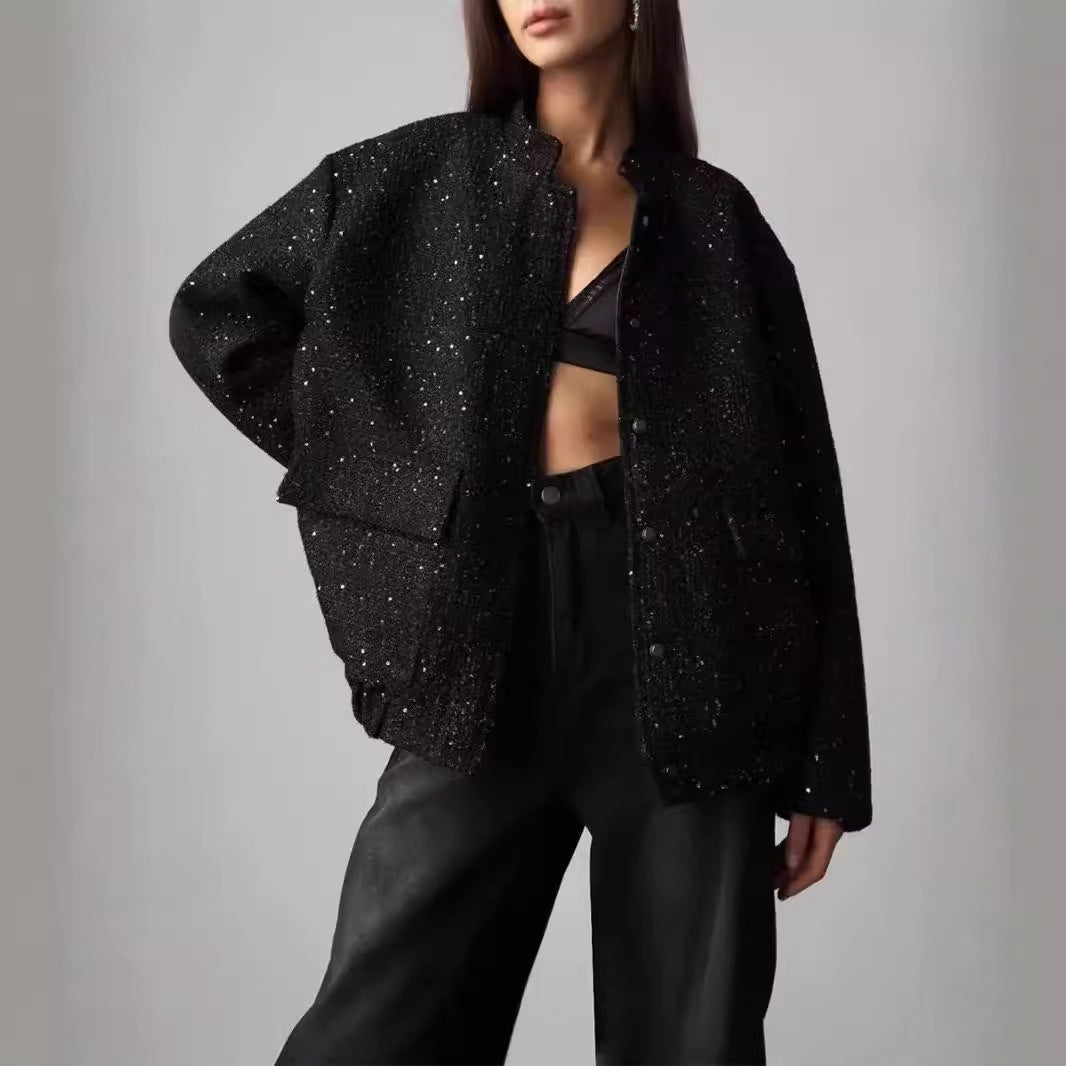 Women's Beaded Round Neck Long Sleeve Loose Polyester Jacket