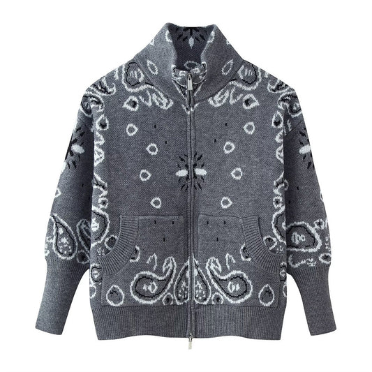 Loose Tricolor Zipper Long Sleeve Cardigan Sweater Jacket