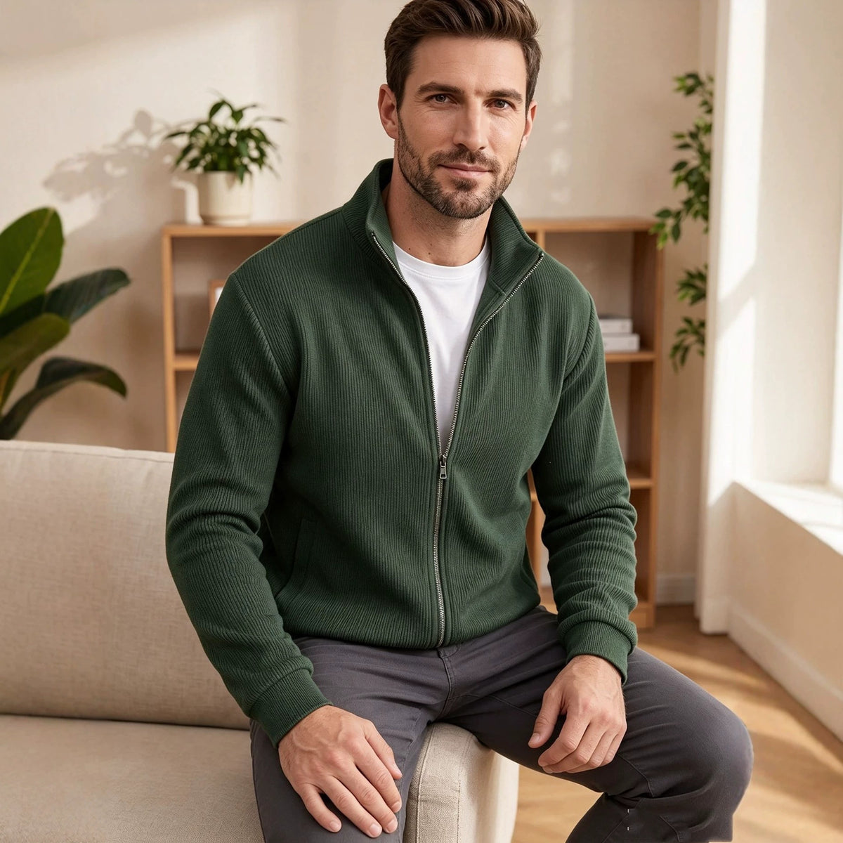 Mens Corduroy High Neck Zip Up Sweater