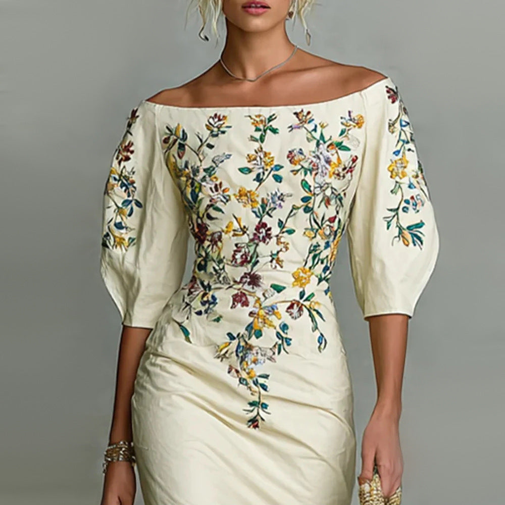 Elegant One-Shoulder Lantern Sleeve Dress