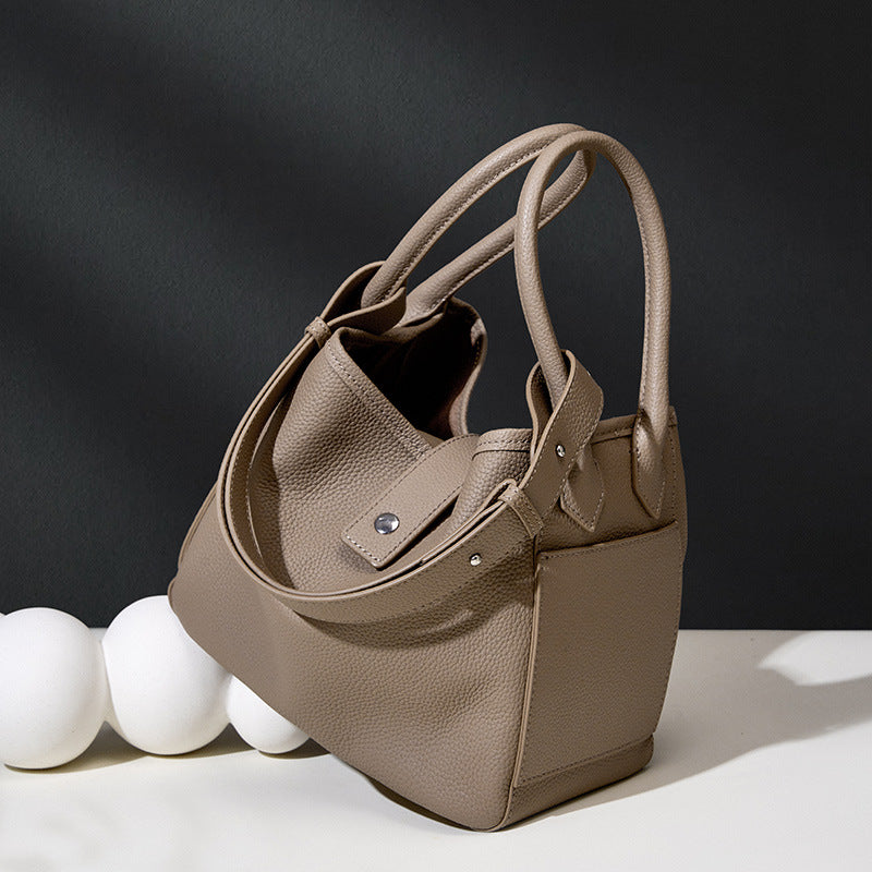 Genuine Cowhide Bucket Bag with Adjustable Strap