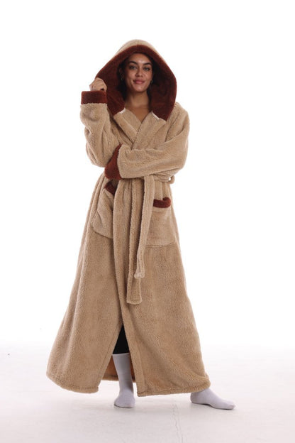 Hooded Solid Color Fleece Bathrobe with Belt Ankle Length Warm Couple Loungewear