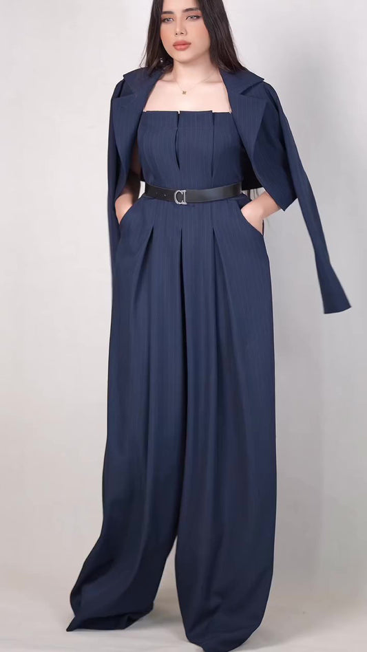 Gestreepte Tube Top Jumpsuit Kort Blazer Pak