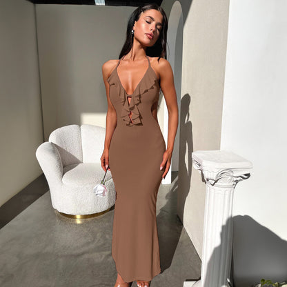 tight-fitting close-fitting solid color hanging neck strap dress