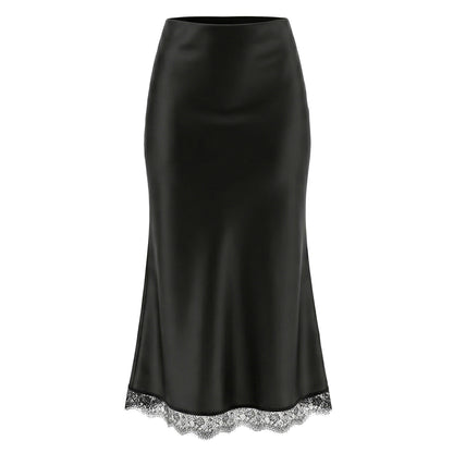 Women's High-Waisted Lace Satin A-Line Maxi Midi Skirt