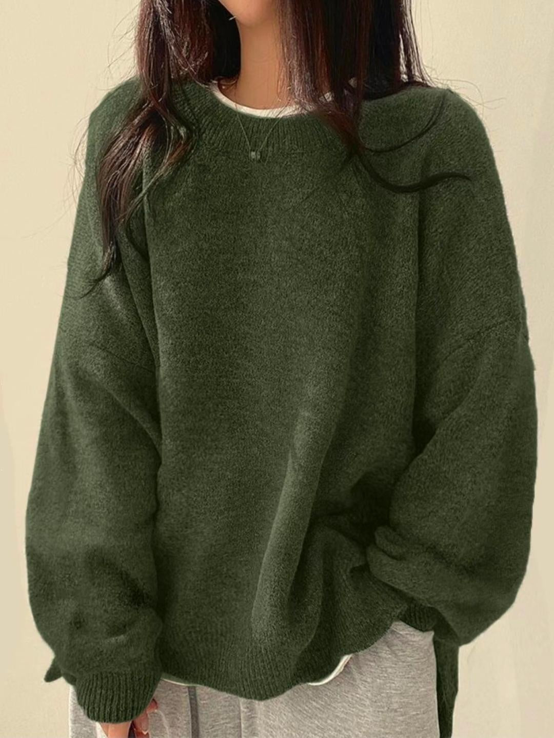 Casual Versatile Solid Color Slit Pullover Loose Long-Sleeve Women's Sweater