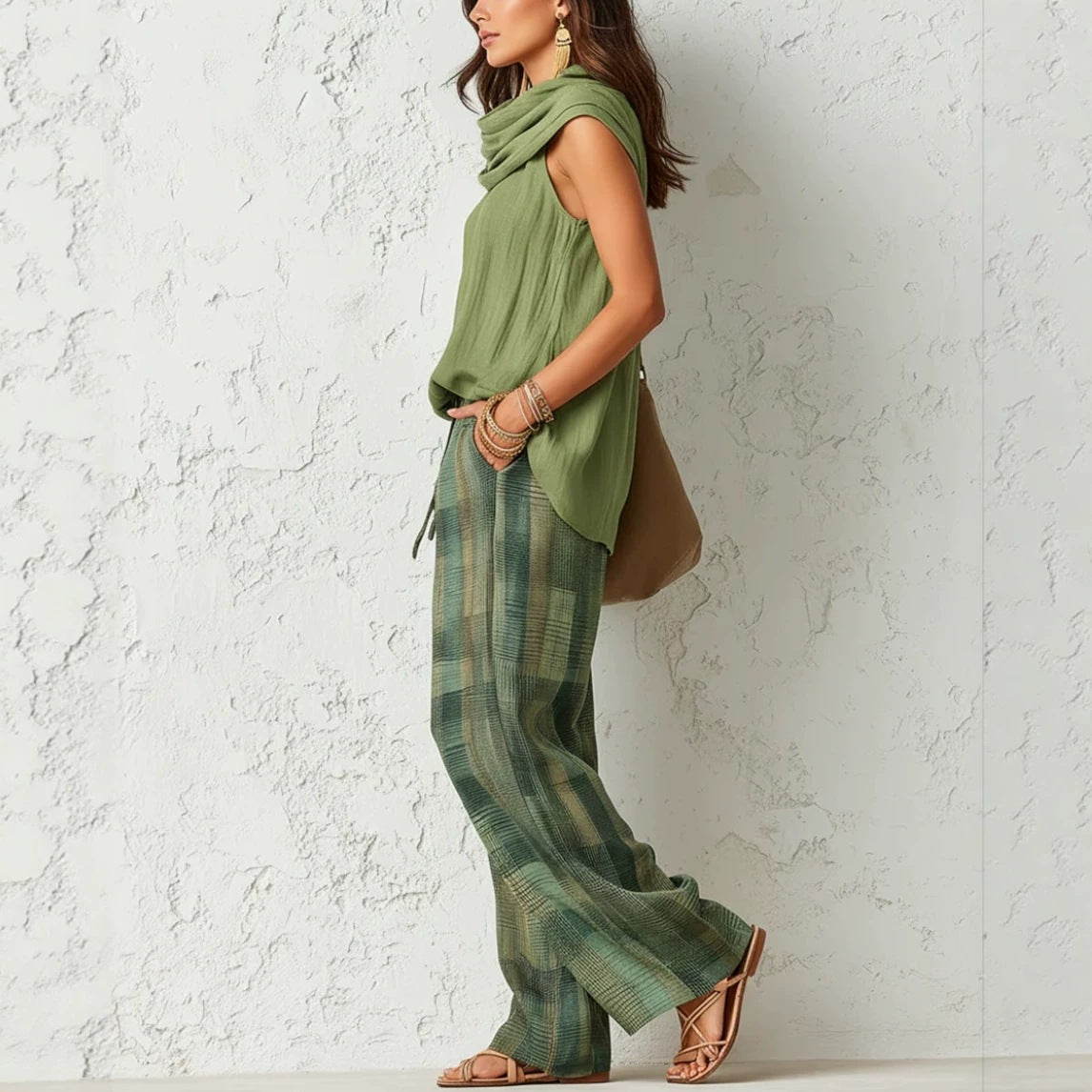 Sleeveless top with plaid pants