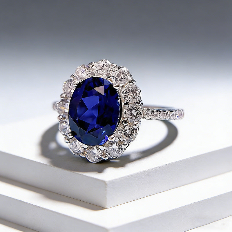 Classic Synthetic Sapphire Oval Zircon Ring