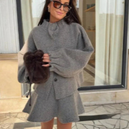 Women Knitted Bomber Jacket and Skirt Set Casual Suit