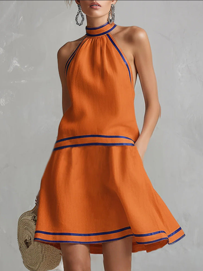 Halter Neck Striped Trim Dress