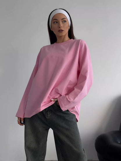 Womens Long Sleeve Cotton T-Shirt Loose Fit Casual Top