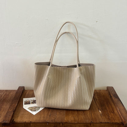 Cross-border 2026 New Autumn Niche Simple Woven Shoulder Handbag for Women, Daily Casual Large Capacity Tote Bag
