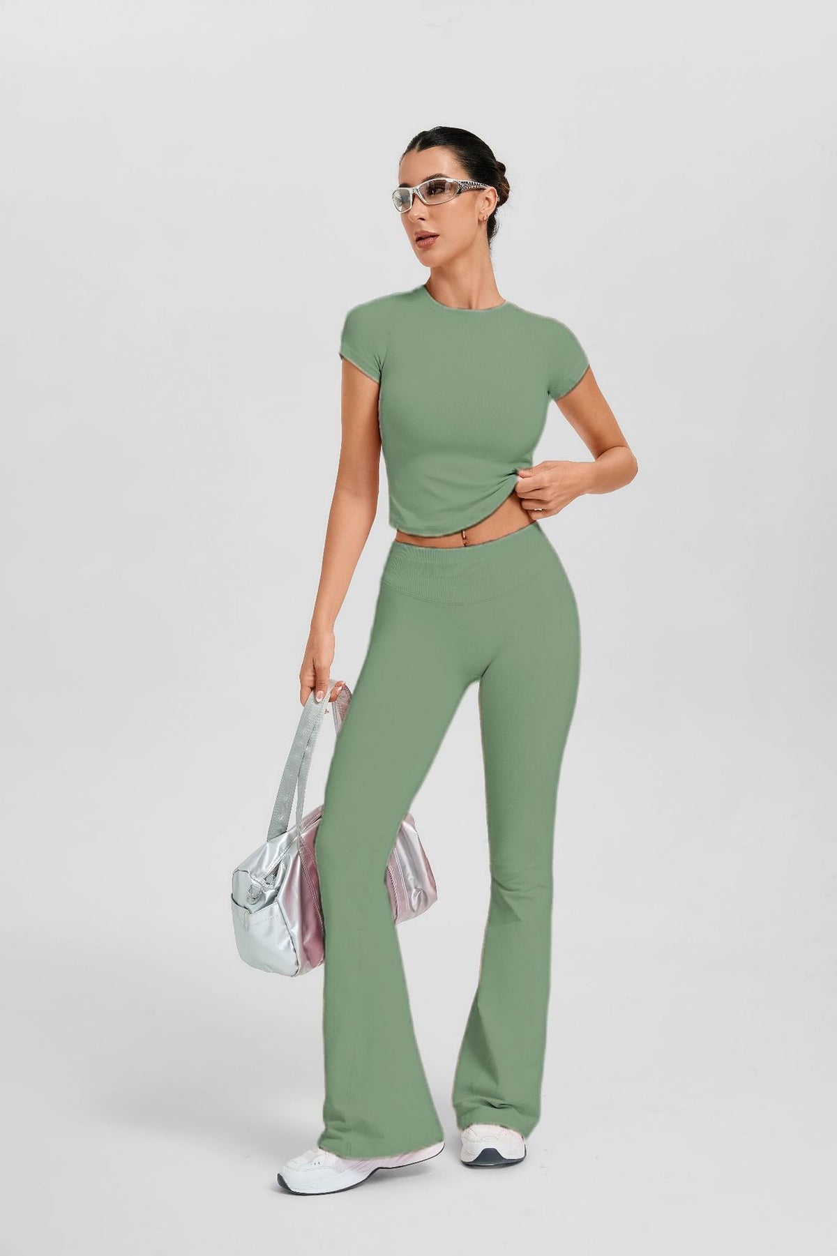Women's Short Sleeve Flared Leg 2-Piece Yoga Set