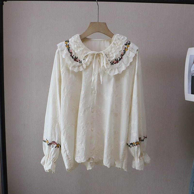 Embroidered Doll Collar Long Sleeve Blouse