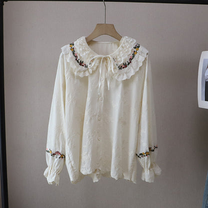 Embroidered Doll Collar Long Sleeve Blouse