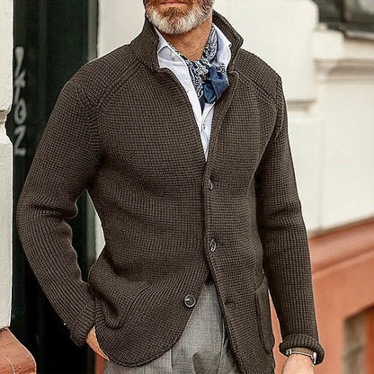 Mens Thick Knit Cardigan Sweater with Buttoned Lapel