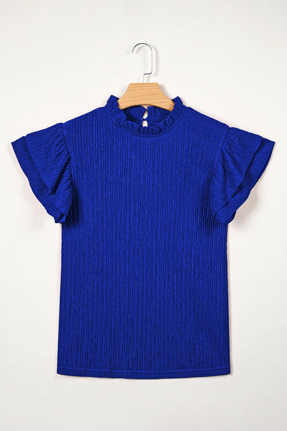 Effen blouse met textuur en ruches korte mouwen