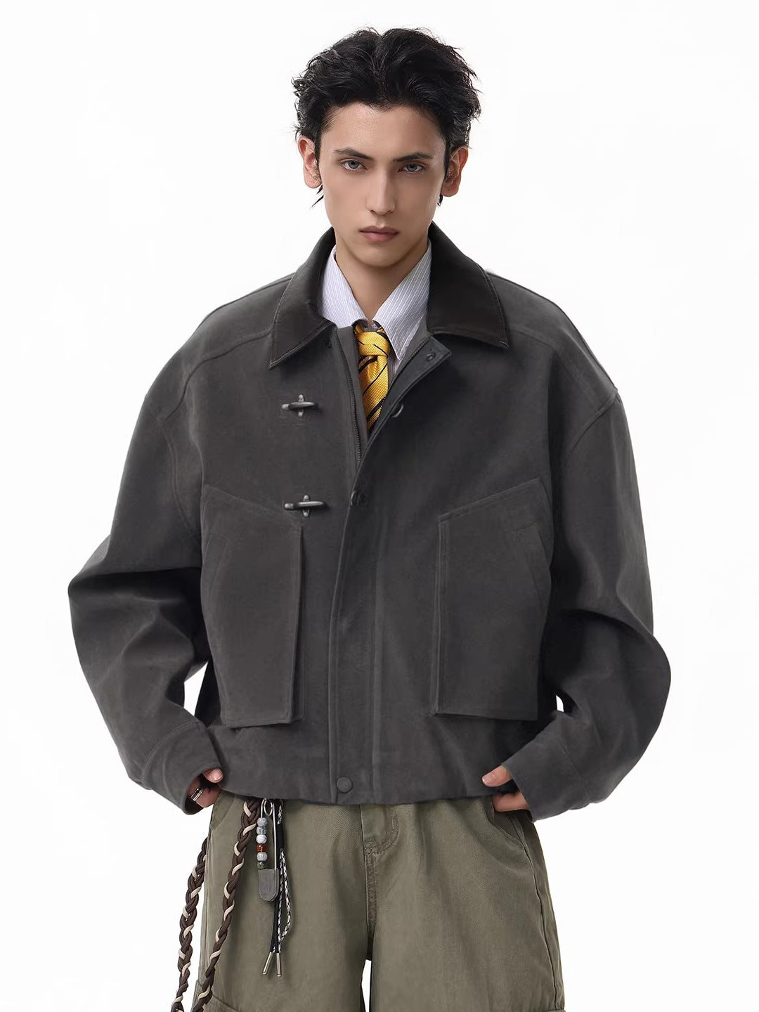 Boxy BarnStyle Jacket with Leather Collar