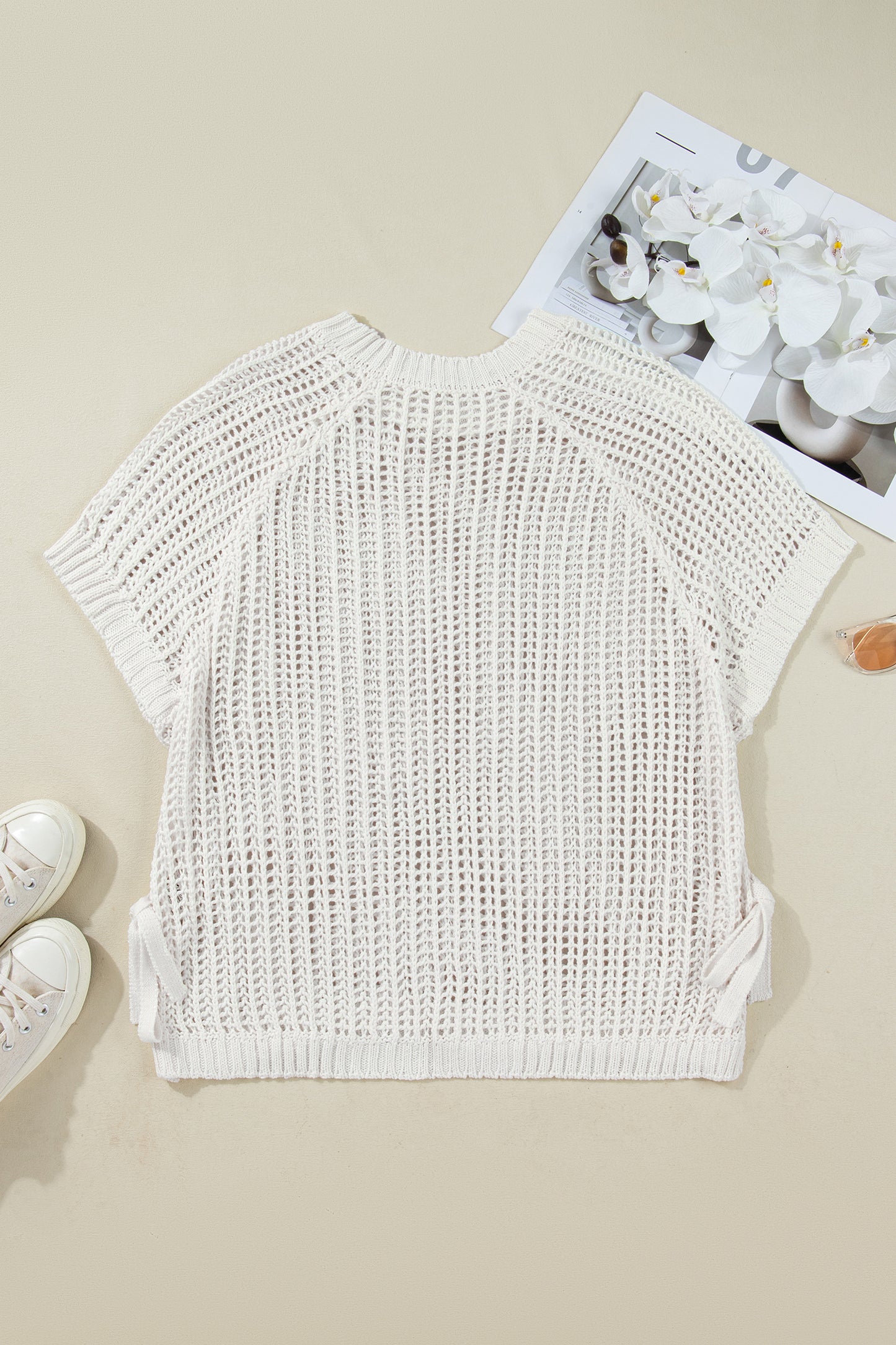 Plus size open gebreide trui met strik en korte mouwen