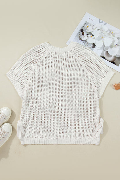 Plus size open gebreide trui met strik en korte mouwen